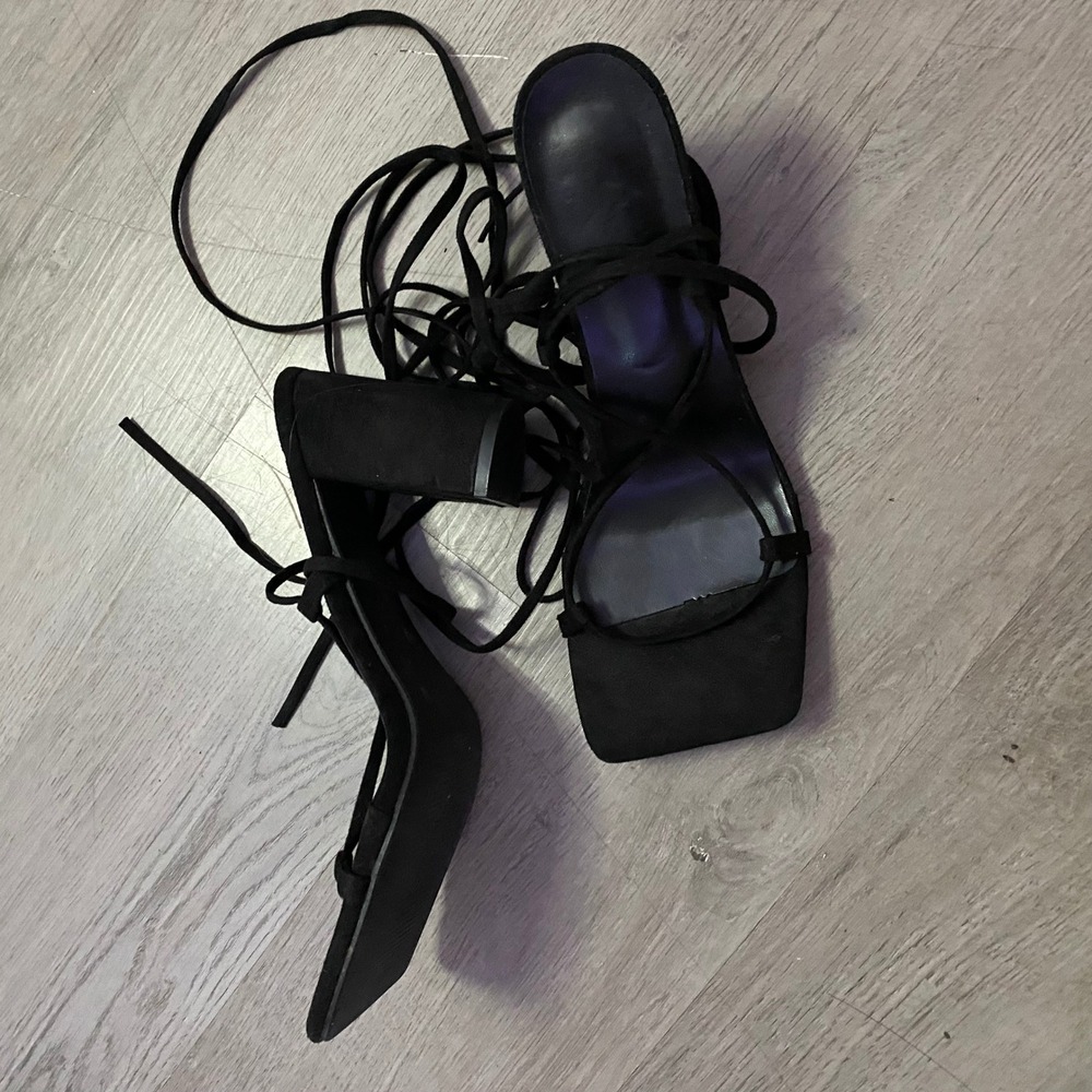 Lace Up Block Heels Women Size 9 Black Square Toe Strappy Sandals